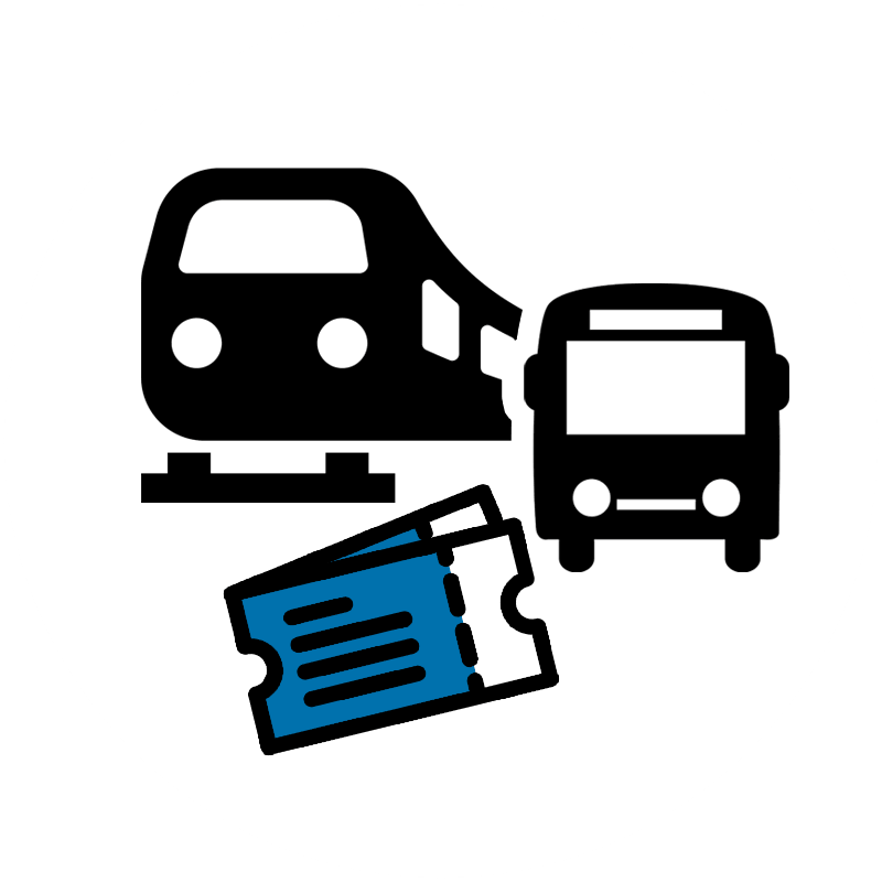 Icon einer Bahn, eines Busses und daor einem Ticket