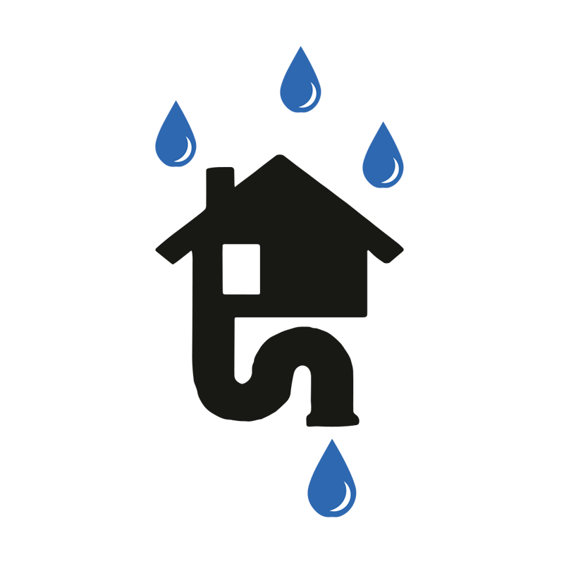 Abwasser-Symbol: Haus mit Rohr, aus dem Wasser tropft, Regen als Grundwasser.