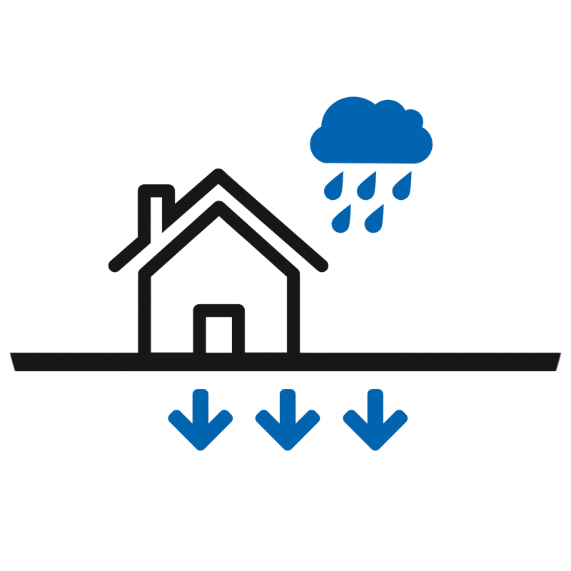 Icon Erhebung versiegelter Flächen: Haus, Regenwolke und blaue Pfeile zum Boden.
